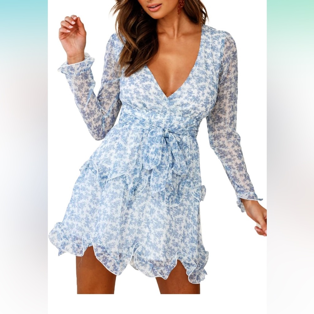 Long Sleeve Chiffon Blue Floral Dress